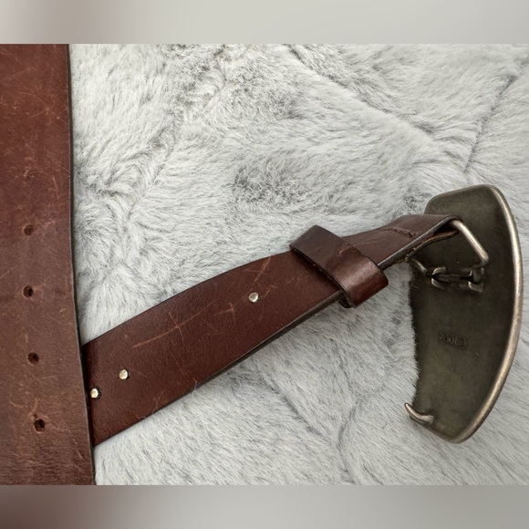 Vintage 90s Leather Statement Belt Western Festival Rodeo Silver Buckle Brown - Picture 6 of 13